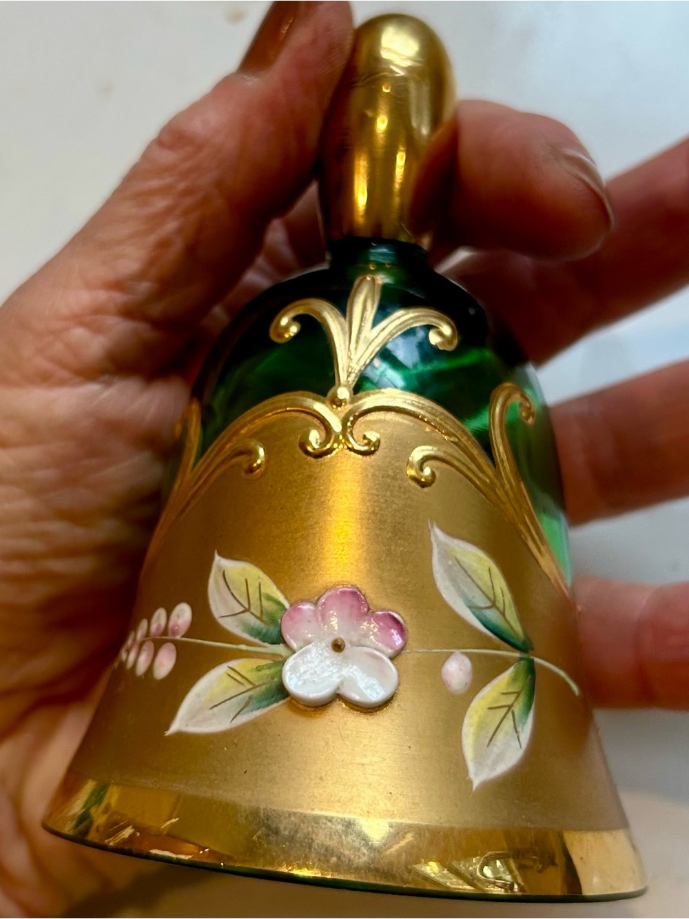 Vintage glass bell with 3d porcelain flower and gold trim